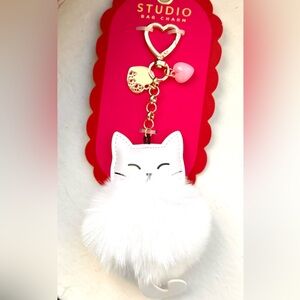 Studio White Furry Cat Bag Charm with Gold Hardware and Pink Accent